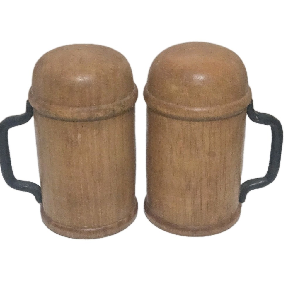 Vintage Wood Beer Mug Salt and Pepper Shakers Stein Shape Wooden MCM Barware Set